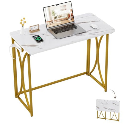 Folding Desk, 31.5" Small Desk for Bedroom with Power Outlet, Space Saving Foldable Computer Desk for Home Office, Easy Assembly, White and Gold - size: medium size02