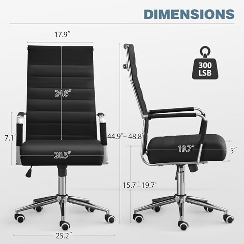 JOMEED Office Desk Chair,Conference Room Chair,High Back PU Leather Swivel | Modern Executive Ribbed Design, Ergonomic, Height Adjustable, Wheels and Arms, for Home Office(Black-Silver Frame) - color: Black-sliver Frame
