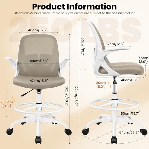 Primy Drafting Chair Tall Office Chair with Flip-up Armrests Executive Ergonomic Computer Standing Desk Chair with Lumbar Support and Adjustable Footrest Ring（Khaki） - color: Khaki, size: 934-Z