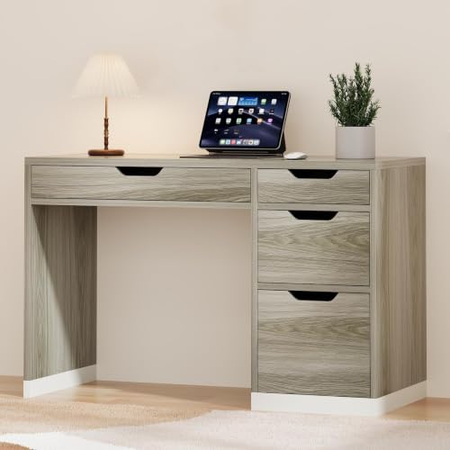 MaverickFurni Small Computer Desk with Drawers, 48 Inch Home Office Desk with Storage for Bedroom, Wood Writing Study Desk for Small Space, Light Walnut - color: Light Walnut, size: 48 Inch