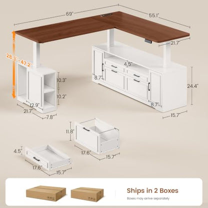 SEDETA Farmhouse L Shaped Executive Electric Standing Desk with 4 Drawers | 69" x 55" Height Adjustable Office Computer Desk with Storage Shelves, Power Outlet for Home Office, White - color: White and Brown