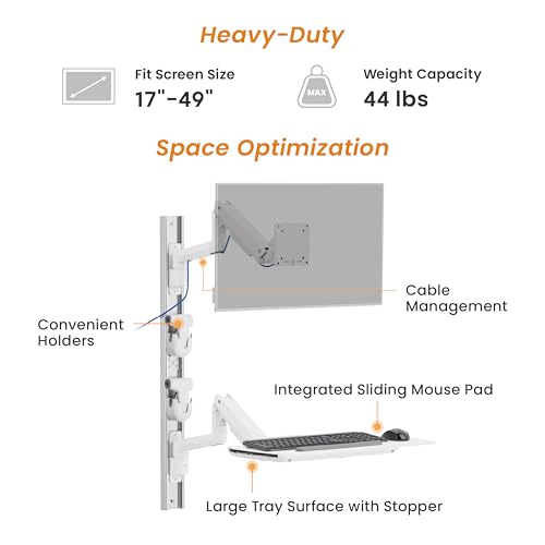 MED10 Medical Monitor Wall Mount with Folding Keyboard Tray and Mouse Pad | Scanner Holder | Heavy Duty Height Adjustment Folding Design for 17"-49" Monitor On Wall Track with CPU Wall Mount