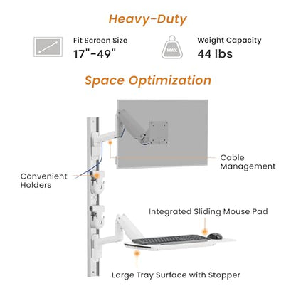 MED10 Medical Monitor Wall Mount with Folding Keyboard Tray and Mouse Pad | Scanner Holder | Heavy Duty Height Adjustment Folding Design for 17"-49" Monitor On Wall Track with CPU Wall Mount