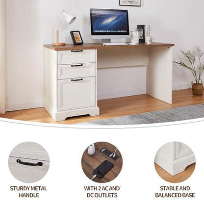 60" Professional Office Desk with Charging Station,Business Desk with 2 Drawers &1 File Cabinet,Farmhouse Executive Desk for Office and Home (Off-White) - color: Off-white