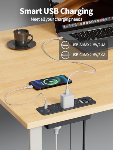 Recessed Power Strip, 6 Outlets 5 USB (3 USB-C, 15W/3A Max), 5FT Flat Plug | Flush mount power strip, desktop charging station for desk, nightstand, side table, 1875W/15A, 900J surge protection, Black