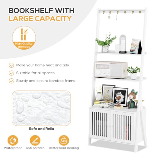 Ladder Shelf with Drawers, Bookshelf 4-Tier Bamboo Bookcase with 6 Hooks - color: 4-tier White