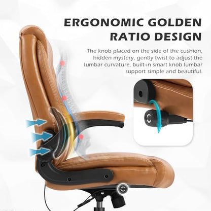 Executive Office Chair,Big and Tall Ergonomic Desk Chair with Adjustable Lumbar Support,Breathable PU Leather Computer Chair wih Flip-up Arms and Wheels, Camel - color: Camel-