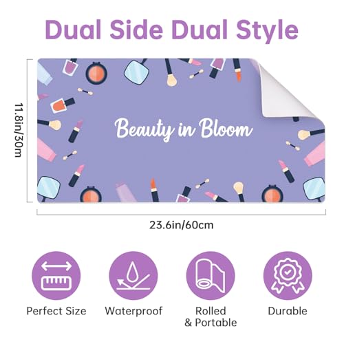 Dual-Sided Waterproof Synthetic Leather Makeup Mat for Desk, Makeup Station, Crafts, Multi-Use Scratch & Stain Resistant Surface Protector Pad for Vanity, Desktop, Craft Table (Purple Cartoon) - color: Purple Cartoon