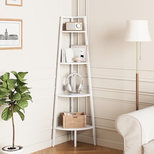 Yoobure Corner Shelf, 4-Tier Corner Bookshelf with Metal Frame & Wood Ladder Shelves - Display Shelf & Tall Bookcase, Plant Stand for Home Decor - Bedroom, Living Room, Office - color: White, size: 4 Tier