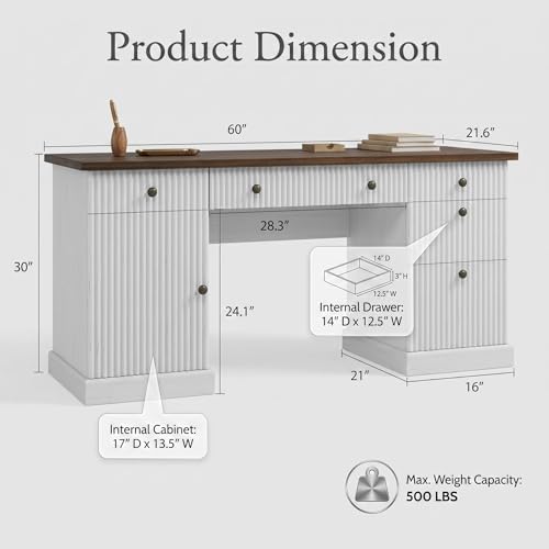 Garvee 60" Office Desk with Charging Station for Home Office, White - color: White, size: 21.6"D x 60"W x 30"H