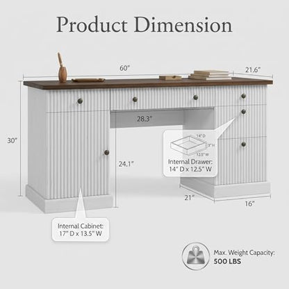 Garvee 60" Office Desk with Charging Station for Home Office, White - color: White, size: 21.6"D x 60"W x 30"H