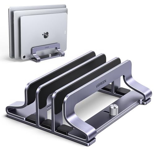 UGREEN 3-Slot Vertical Laptop Stand Holder Desk Compatible with MacBook Pro Air Laptop Stand Desktop Adjustable, Lenovo Ideapad, Surface Book, HP Notebook, Dell Chromebook Up to 17.3 Inch, Space Gray - size: 3-Slot