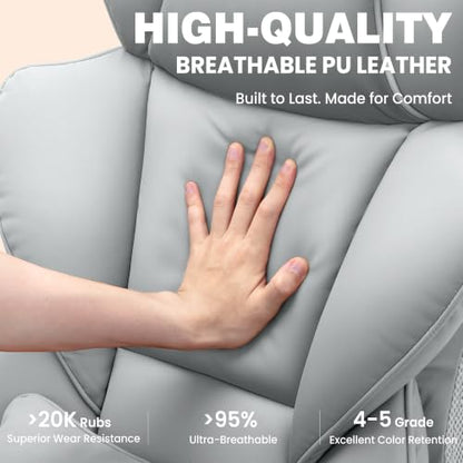 ALLGOD Office Desk Chair, Big and Tall Executive Chair with Lumbar Support, High Back Computer Gaming Chair, PU Leather with Pocket Spring Cushion, Adjustable Armrests and Footrest, Grey - color: Lightgrey