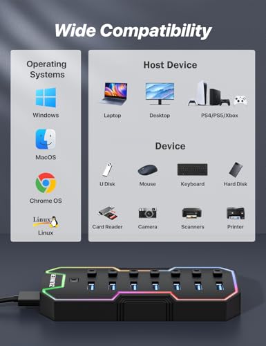 USB Hub 7 Port, RGB LED Strip USB Splitter for Laptop Gaming | USB 3.0 Hub with Individual LED On/Off Switches for Mac, PC, Desktop, Flash Drive, Mobile HDD