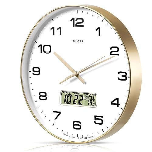 Wall Clock, 14" Large Dial Non-Ticking Silent Battery Operated Analog with LCD Display for Perpetual Calendar and F° Temperature, Ideal Modern Home, Bedroom, Office Decor (Gold) | Perpetual calendar, Fahrenheit temperature, easy-to-read analog dial, batte