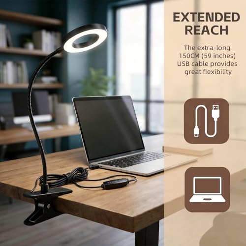 Clip on Book Light, LED Desk Lamp with Clamp, Flexible Gooseneck | Aluminum 15" Gooseneck Reading Light, 48 LED,3 Modes &10 Brightness, 59" USB Powered, for Headboard, Dorm, Craft, Office