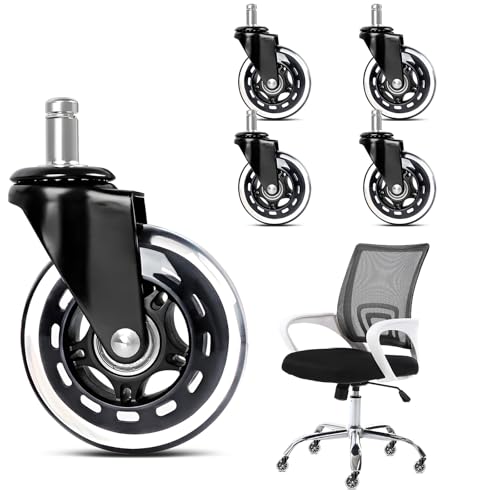 5 Pack Heavy Duty Rubber Office Chair Caster Wheels, Universal Standard 11mm Stem Replacement Chair Wheels, Safe for Hardwood Floors, Tile & Carpet, No Chair Mat Required