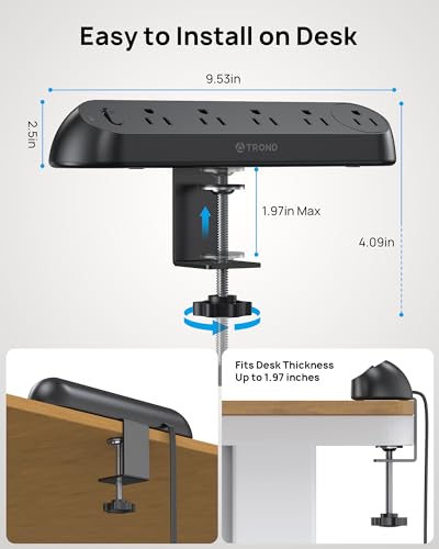 TROND Desk Clamp Power Strip, Surge Protector with 5 AC Outlets, for Home Office Desk Accessories, Black