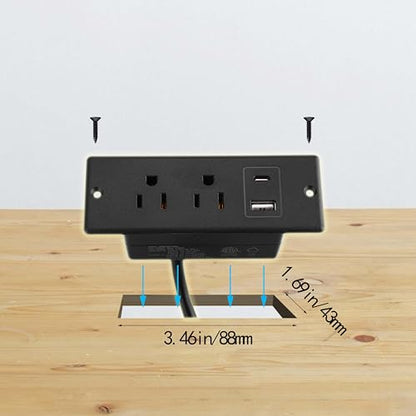 Recessed Power Strip with USB-C 20W and USB-A, 2 AC Outlets, in-Desk Flush Mount Power Strip, 125V 12A 1500W, for Desk Countertop Kitchen Island (Black, 4.9FT) - size: 4.9FT, style: 20W