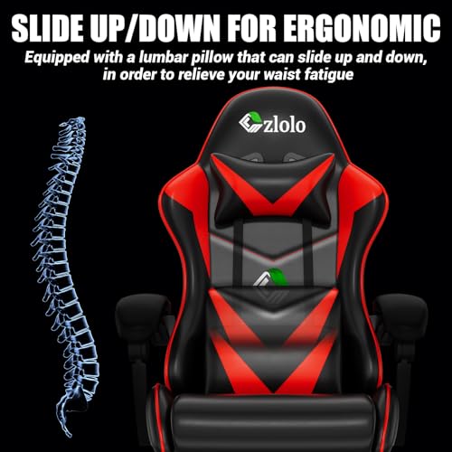 Czlolo Gaming Chair with Footrest Racing Style Lumbar Support Massager Video Game Chair with Metal Legs, High Back Reclining Gamer Chair with Headrest, 360° Swivel Office Computer Desk Chair (Red) - color: Red