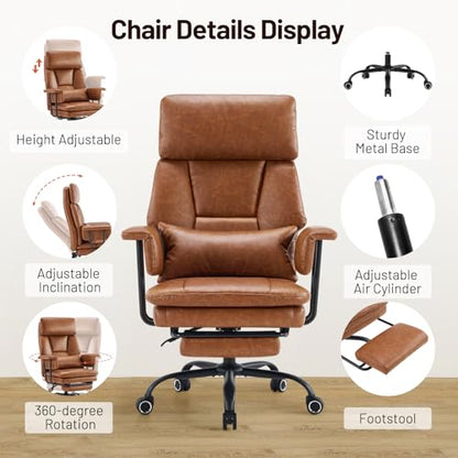 Big and Tall Office Chair, PU Leather High Back Executive Office Chair with Adjustable Lumbar Support, Gaming Chair with Padded Arm and Pillow, Height Adjustment, Footrest, Brown - color: Brown-1