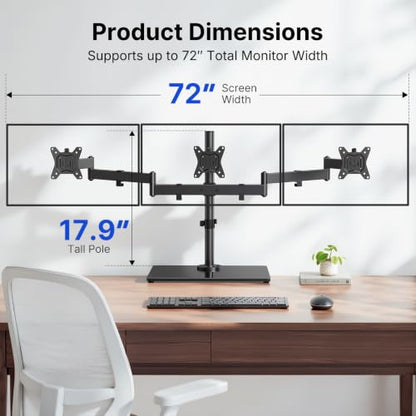 HUANUO Free Standing Triple Monitor Mount for 13-27 Inch Screens | Larger Tempered-Glass Base, Heavy Duty Thicker Steel, Tilt, Swivel, Rotation, Holds up to 22 lbs, VESA 75x75/ 100x100mm