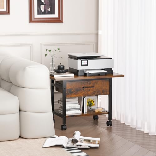 Aetheris Heavy-Duty Printer Stand with Locking Wheels, 2 -Tier Under Desk Table with Storage Drawer, Large Rolling Cart, Printer Table, Fits Printer Scanner Fax Machine, 22" x 15" x 18.3", Brown - color: Brown