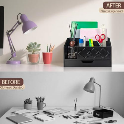 Black Wooden Mail Organizer with Drawer, Three Tiered Desk Accessories for Office Organization and Storage, Stylish Countertop Document Storage, Home/Office/Classroom Supplies (Black02) - style: Black02