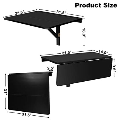 COSTWAY Wall Mounted Folding Table, 31.5" x 23.5" Drop-Leaf Floating Writing Desk for Small Spaces, Space-Saving Fold Down Laptop Workstation for Kitchen, Bedroom, Laundry Room, Study Room (Black) - color: Black