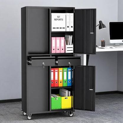Metal Garage Storage Cabinet with 4 Wheels and 2 Drawers, 72" Heavy Duty Rolling Tool Storage Cabinet Organizer, Locking Doors and Adjustable Shelves for Garage, Workshop, Office, Warehouse