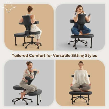 Extra Wide ADHD Cross Legged Office Chair, 360° Swivel Kneeling Meditation | Extra-wide cross-legged kneeling chair with reversible seat, 360° swivel, adjustable height—for ADHD, meditation & comfort - color: Pu Black