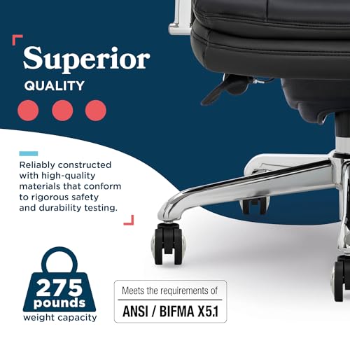 La-Z-Boy Sonata Executive Mid-Back Office Chair, Button-Tufted Seat and Back, Double-Layer Cushion, Padded Armrests, Ergonomic Computer DeskChair, Swivel Metal Base, Bonded Leather, Black/Chrome - color: Black and Chrome
