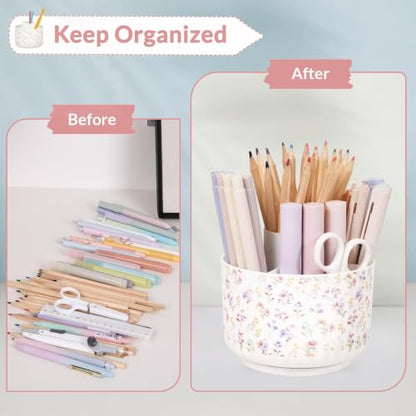 SKYDUE Rotating Pencil Pen Holder for Desk, Pencil Cup with 5 Slots - color: Floral