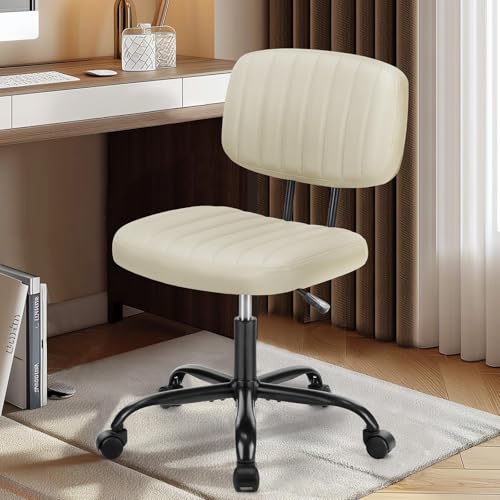 DUMOS Armless Home Office Chair: Small Desk Chair with Low Back Lumbar Support, Height Adjustable PU Leather Computer Task with 360° Swivel Wheels, for Adults, Beige - color: Beige