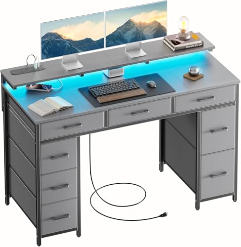 HLDIRECT 47 Inch Gaming Desk with LED Light and 8 Storage Drawers, Grey - color: Grey