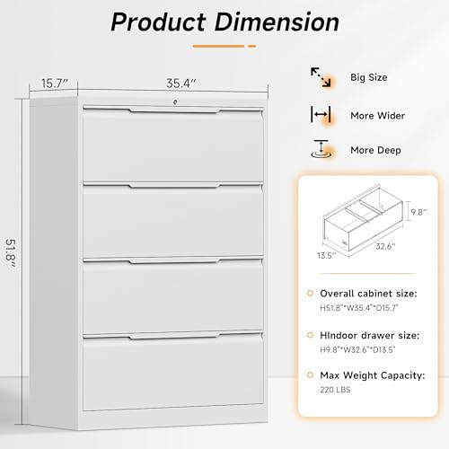 Bestoo 4 Drawer File Cabinet, Metal Lateral Filing Cabinet with Lock - color: White, size: 4 Drawer 15.7" D x 35.4" W x 51.8" H