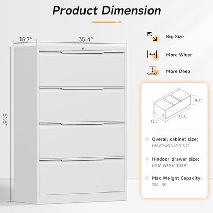 Bestoo 4 Drawer File Cabinet, Metal Lateral Filing Cabinet with Lock - color: White, size: 4 Drawer 15.7" D x 35.4" W x 51.8" H