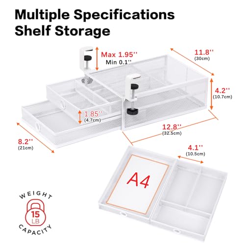 Under Desk Drawer, Clamp on Desk Organizer Slide Out Table Storage No Drill - color: White - 2 Tier