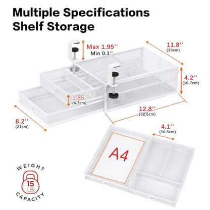 Under Desk Drawer, Clamp on Desk Organizer Slide Out Table Storage No Drill - color: White - 2 Tier