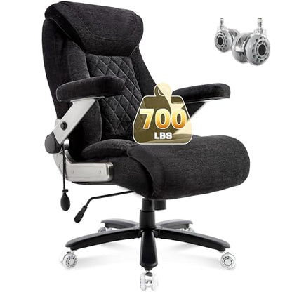 Fabric 700lbs Big and Tall Office Chair, Ergonomic Heavy Duty Executive Cloth Office Chair with 5D Flip Arms & Adjustable Lumbar Support & Dual Rubber Wheel, Large Thick Padded Extra Wide Seat, Black - color: Blackcloth