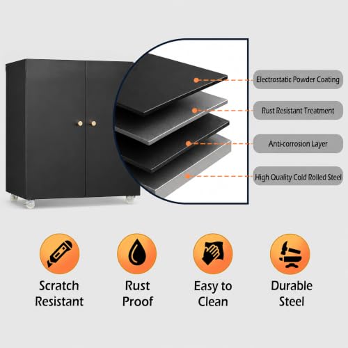 Metal Fridge Printer Stand Cabinet with Storage and Wheels, Black - color: Black - 24''wx24''dx18''h