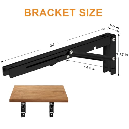 Folding Shelf Brackets - Heavy Duty Metal Collapsible Shelf Bracket for Bench Table, Shelf Hinge Wall Mounted Space Saving DIY Bracket, Max Load: 150 lb (24 Inch, Black) - size: 24 Inch