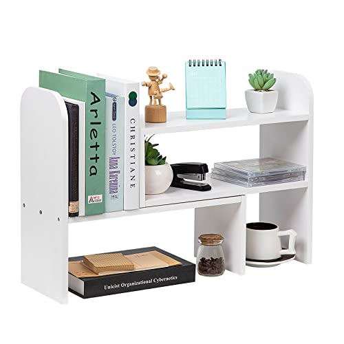 Desktop Adjustable Natural Wood Book Shelf Organizer Office Storage Rack Display Stand Caddy Set Expandable Desk Organizer (White) - color: White