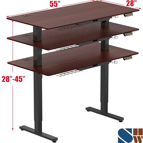 SHW 55 x 28 Electric Height Adjustable Standing Desk w/Drawer, Cherry - color: Cherry, size: 55-Inch