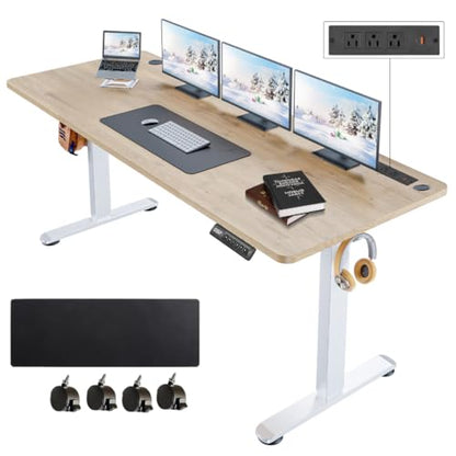 63'' × 24'' Electric Standing Desk with Power Outlets & Wheels, Oak - color: Oak, size: 63×24''