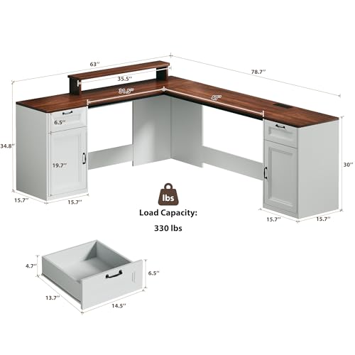 HUAHUU 78" Farmhouse L Shaped Executive Desk with Drawers, Modern Computer Desk with Power Outlets, Office Writing Desk with Monitor Stand & Storage Cabinet, Printer Shelf, Antique White - color: Walnut and White