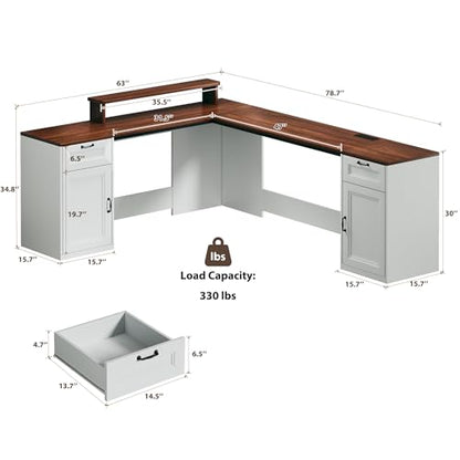 HUAHUU 78" Farmhouse L Shaped Executive Desk with Drawers, Modern Computer Desk with Power Outlets, Office Writing Desk with Monitor Stand & Storage Cabinet, Printer Shelf, Antique White - color: Walnut and White