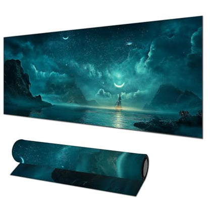 HOMETITUTE Large Mouse Pad 31.5x11.8 Inch Gaming Mousepad Teal Moon Night Seascape Art Non-Slip Keyboard Desktop Protector Mat XL Mouse Pad for Home Office Laptop Wireless Mice Accessories - color: Teal Moon Night Seascape Art