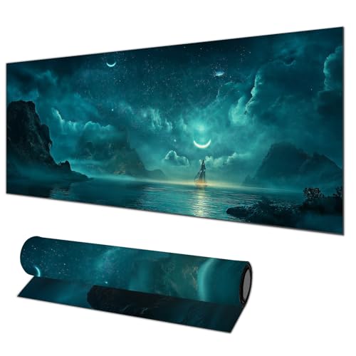 HOMETITUTE Large Mouse Pad 31.5x11.8 Inch Gaming Mousepad Teal Moon Night Seascape Art Non-Slip Keyboard Desktop Protector Mat XL Mouse Pad for Home Office Laptop Wireless Mice Accessories - color: Teal Moon Night Seascape Art