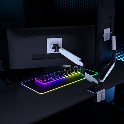Mount-It! Heavy Duty Dual Monitor Arm up to 35 in. 44 lbs Screens, RGB Lights, 75x75 100x100 VESA Desk Mount for 2 Widescreen Curved Monitors 27 32 34 35 inches, Gas Spring, Clamp, Grommet, RGB Lights